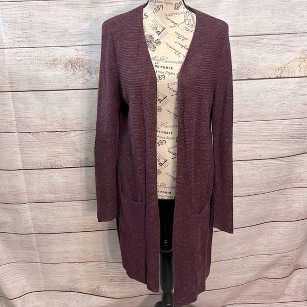 Nic + Zoe Long Open Cardigan Wine Lightweight Pockets Size Small Duster